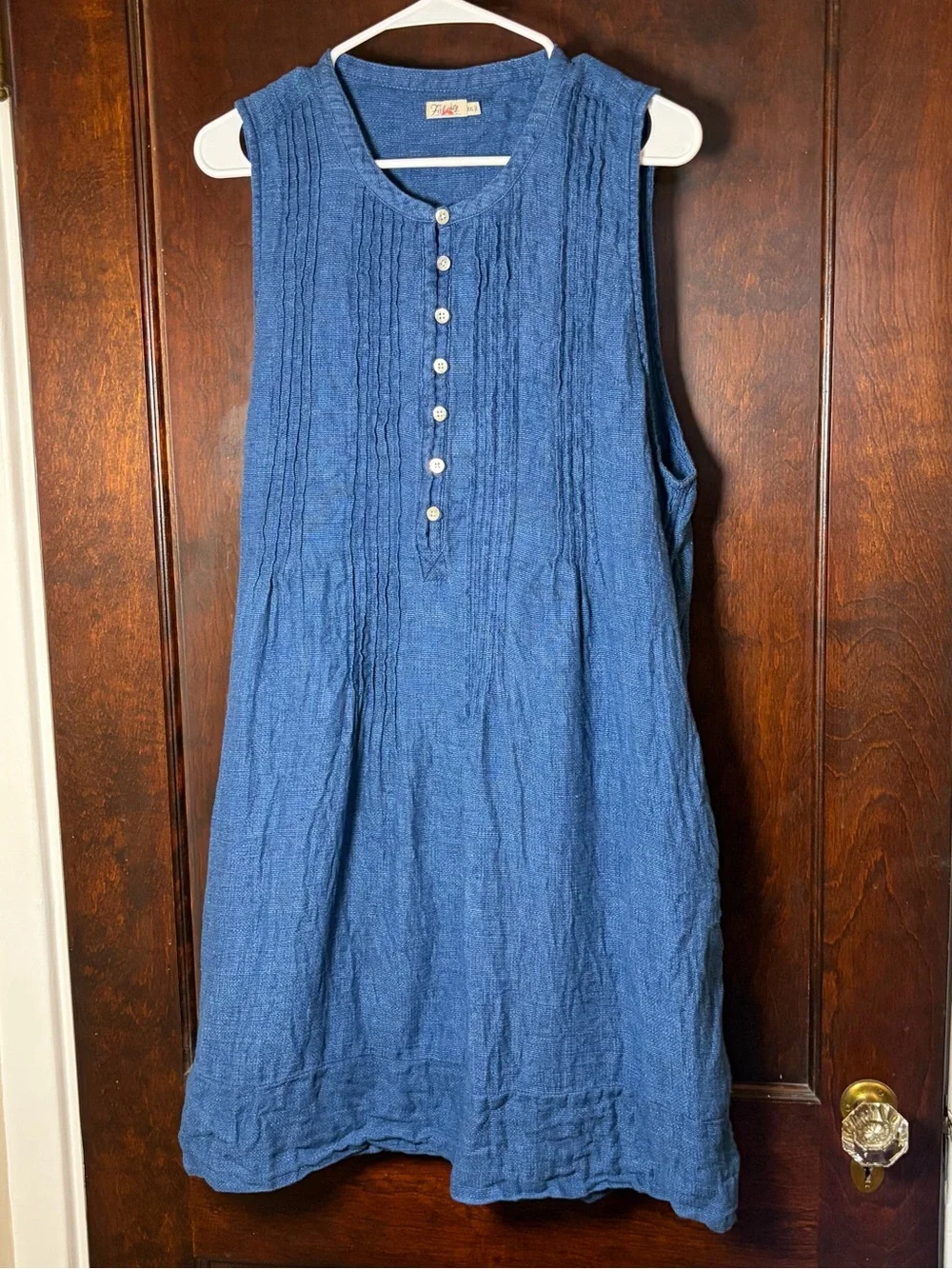 Faherty Dress XXL Isha Basketweave Indigo Blue 100% Linen Knit Pintuck Pockets - Picture 2 of 11